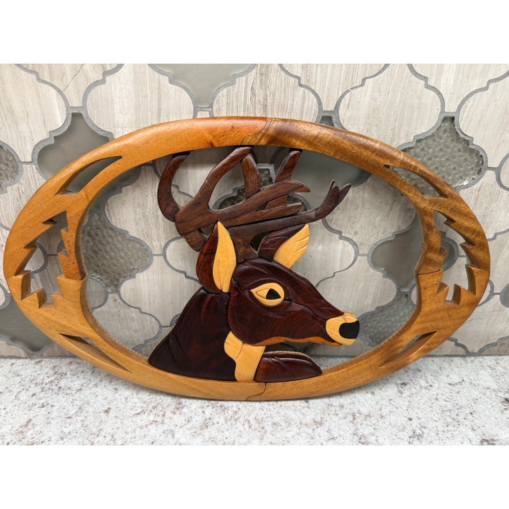 Vintage Intarsia Wood Art Buck Deer Head Wall Hanging Plaque Cabin Lodge Decor